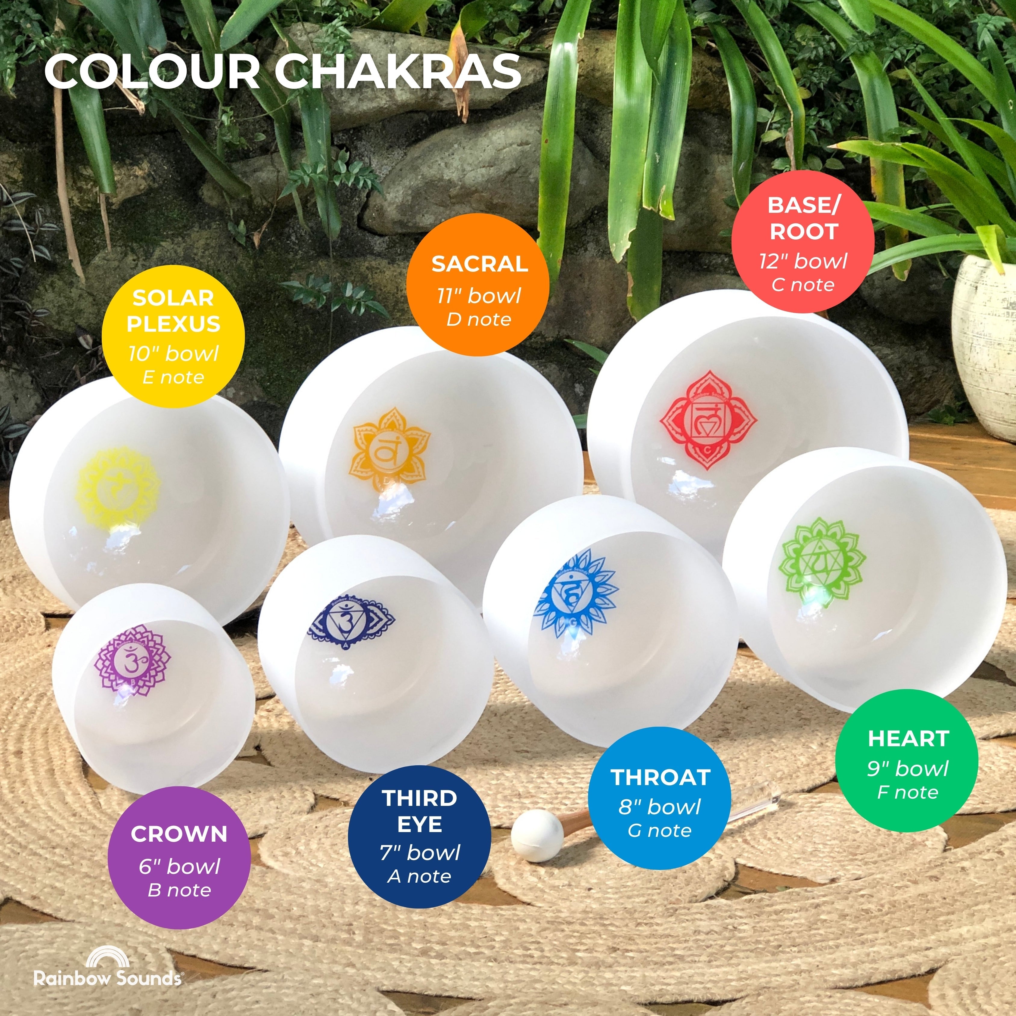 Rainbow Sounds Set of 7 Crystal Singing Bowls (6"-12") with Cases