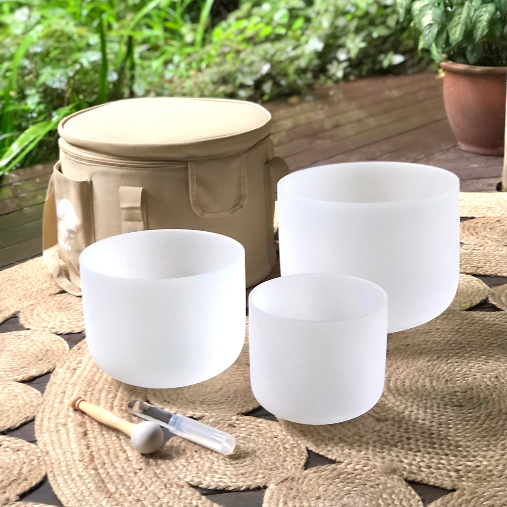 Rainbow Sounds Set of 3 Crystal Singing Bowls (D/F/A) with Case